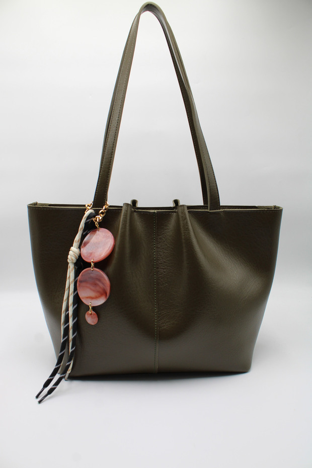 Women's Khaki Large Size Zippered Hand, Arm and Shoulder Bag with Laces and Buckle Charms