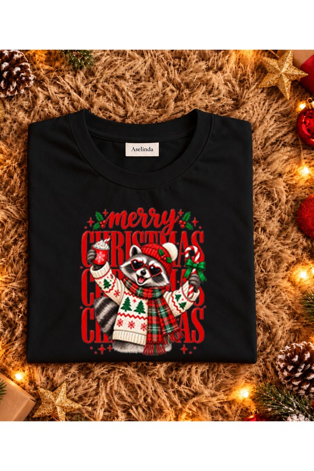 Cheerful Christmas Raccoon and Fun Decorations Printed T-Shirt-Family Combination T-Shirt (Add Items to Make a Combination)