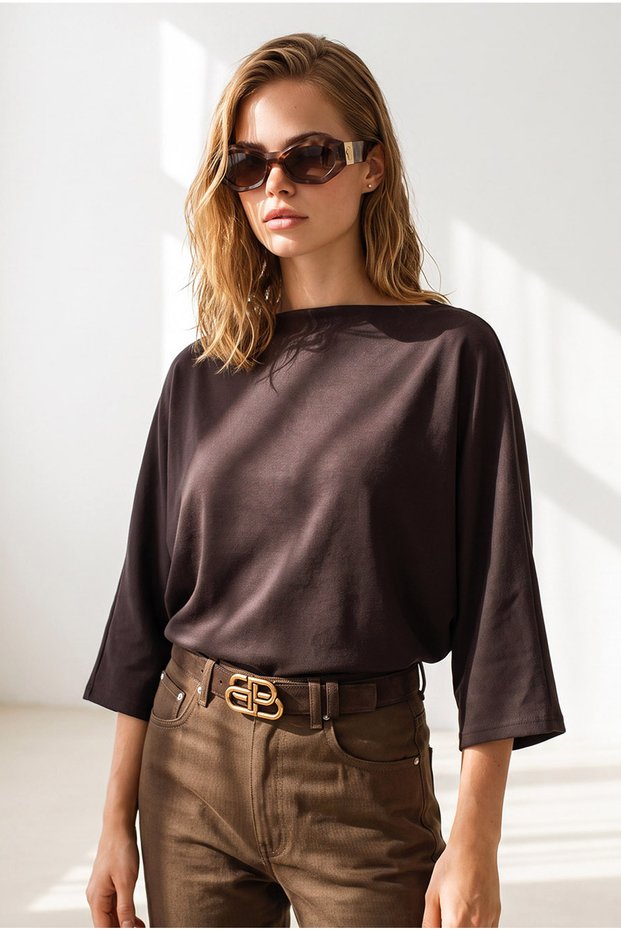 Women's Brown Off-Shoulder Bat Pattern Soft Blouse Blz-19003457