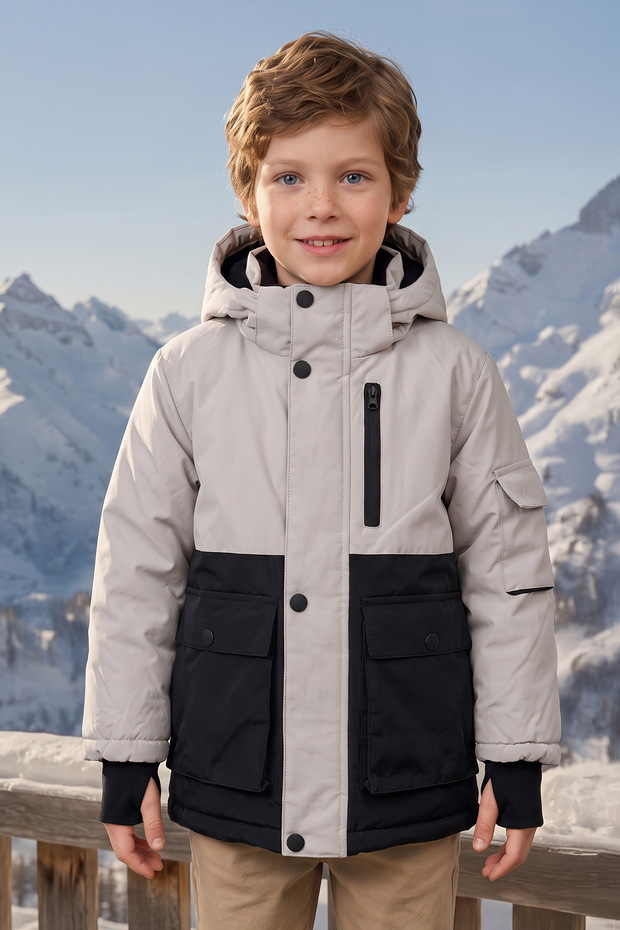 Fleece-Lined, Removable Hooded Boy's Coat with Finger Loops