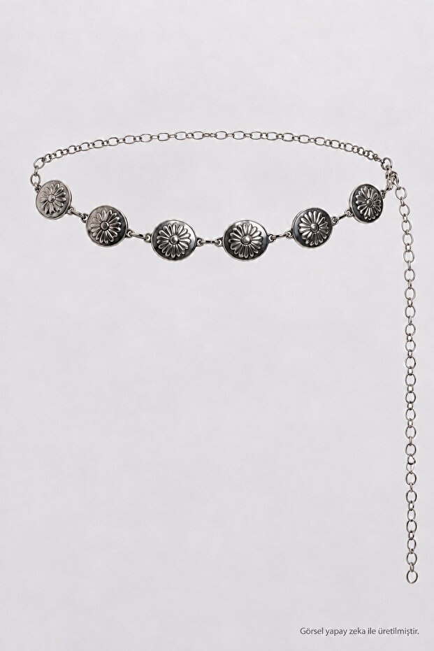Flower Motif Metal Chain Belt Lkm0014 Silver
