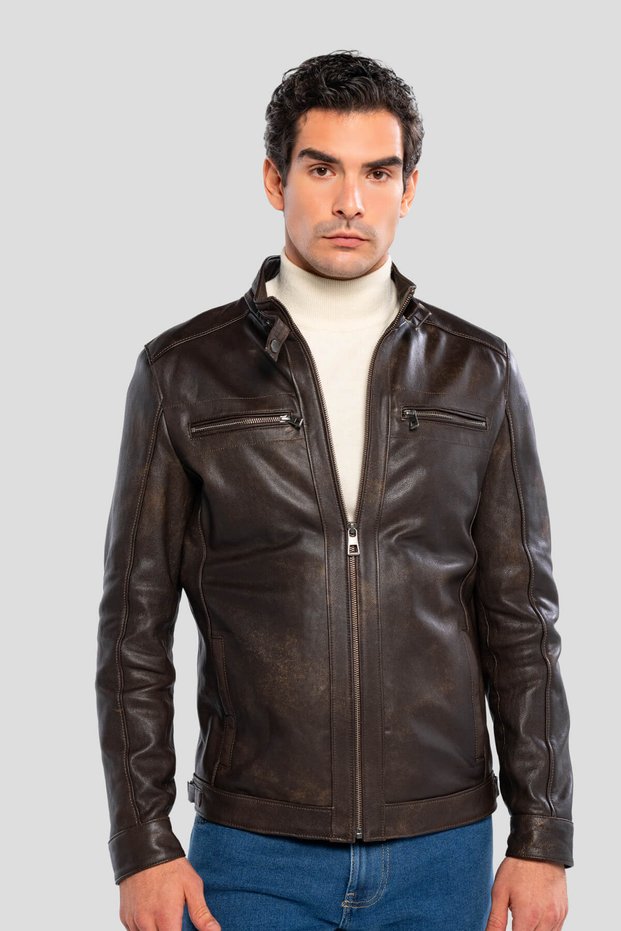 Men's Genuine Leather Whiskey Tumbled Leather Coat