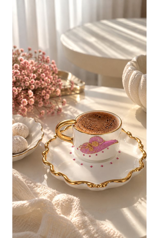Edora Casa Ceramic Turkish Coffee Cup Set with Pink Hat Figures and Stone Gold Detail