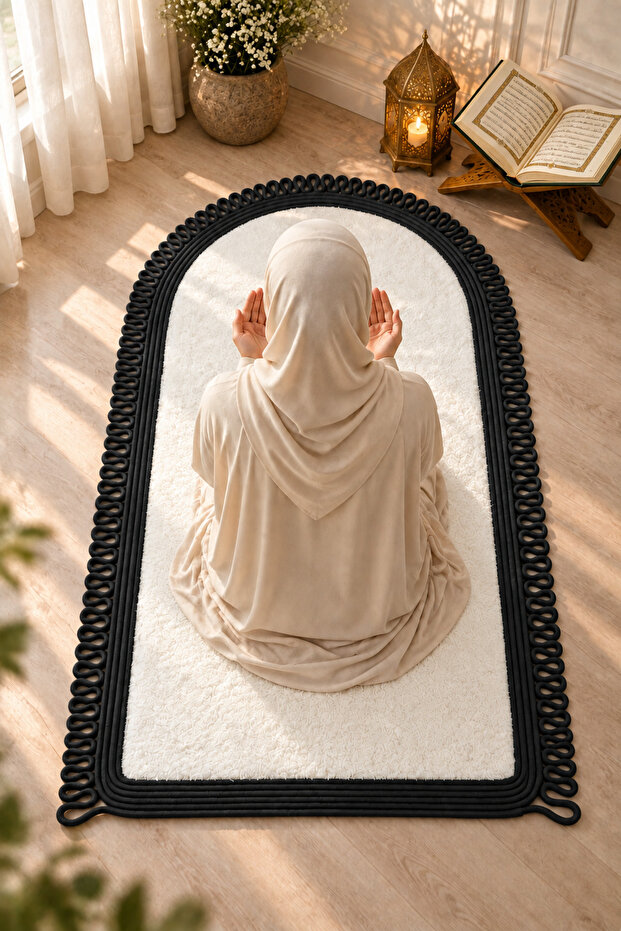 Nur Jüt Straw Rope & Plush Prayer Mat with Non-Slip Base, Soft Textured Handmade Decorative Prayer Mat