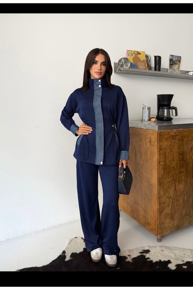 Women's Denim Garnished Stoppered Waist Gathered Sweatpants Set