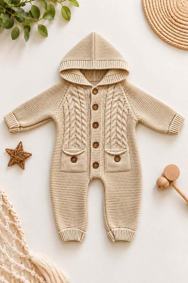 Baby knitted romper with hood, hair braid pattern, knitwear, wooden buttoned, pocketed, unisex for girls and boys, 3-12 months
