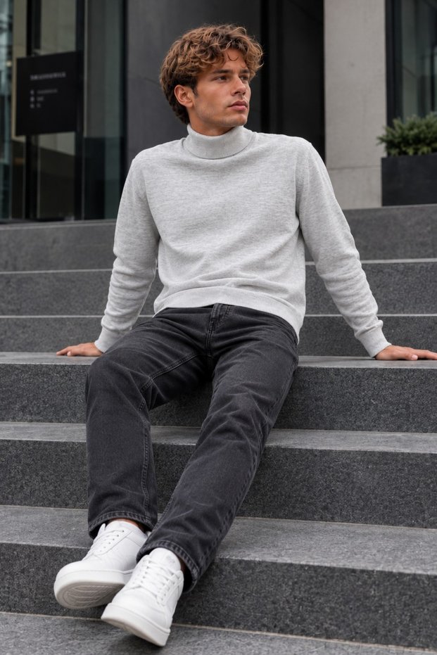 Winter Men's High Collar Casual Light Gray Sweatshirt