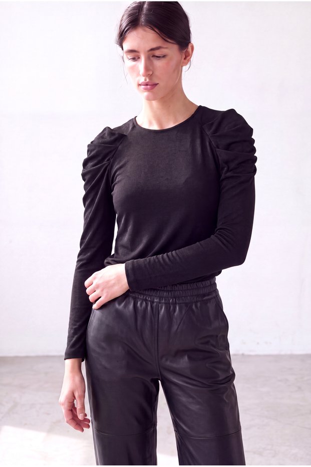 Women's Shiny Black Textured Crew Neck Long Sleeve Blouse with Pleated Detail Roxanne