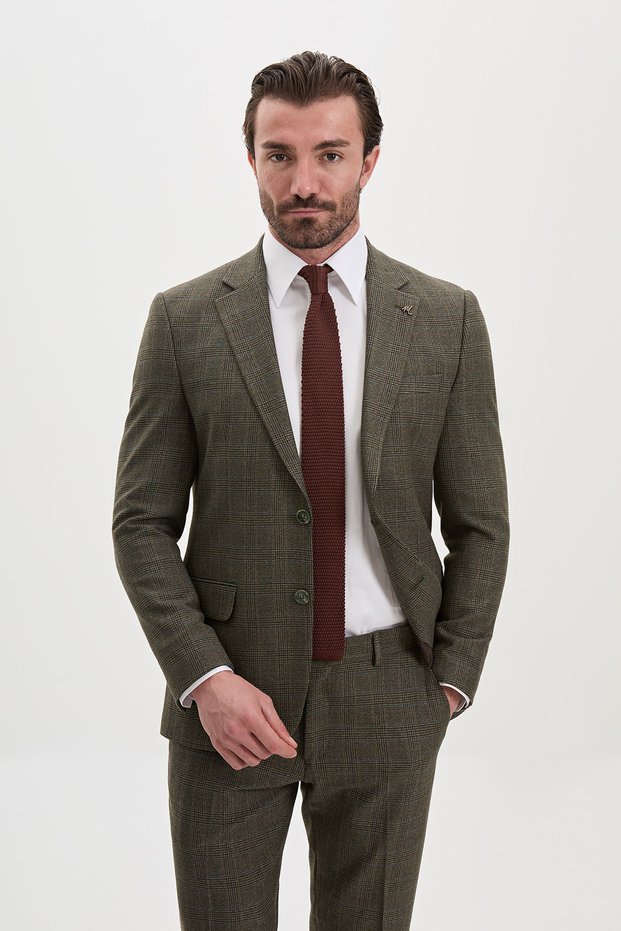 Plaid Slim Fit Mono Collar Vestless Men's Suit Khaki - 45493.26K