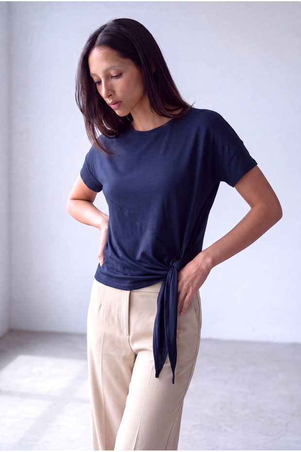 Women's Navy Blue Viscose Crew Neck Off-Shoulder Short Sleeve Side Tie Drawstring Blouse Vera