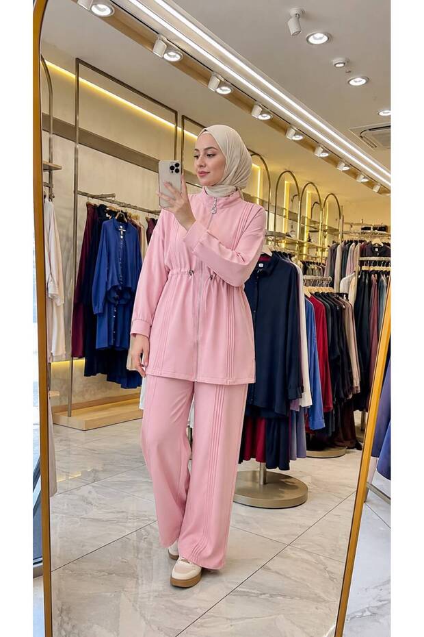 Women's Modest Cotton Two-Piece Set - Zip-Up Jacket and Wide-Leg Pants