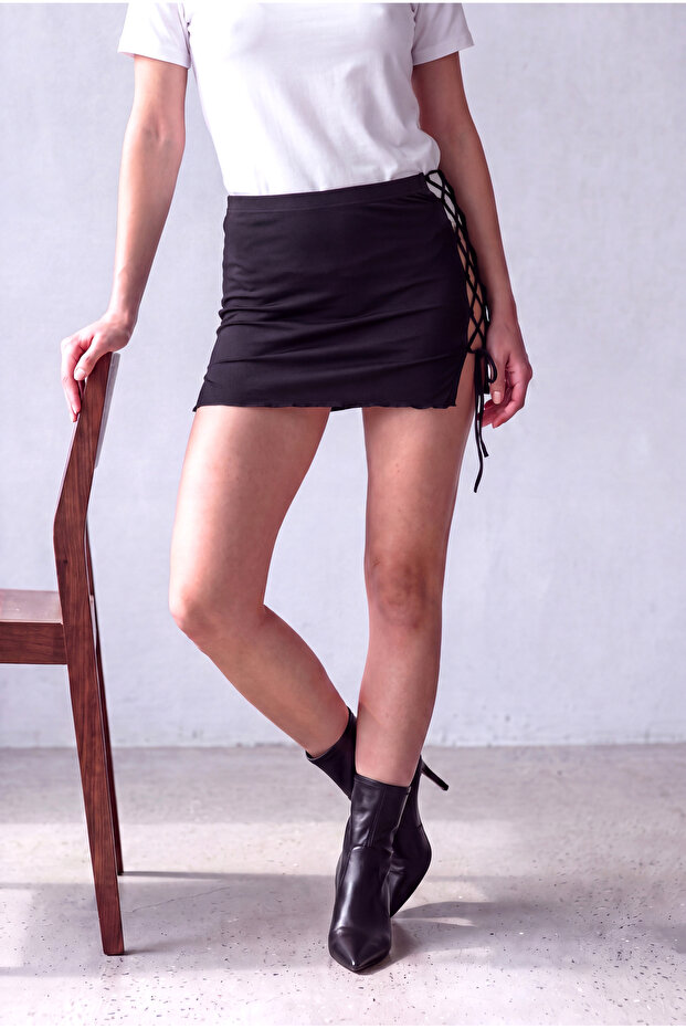 Women's Black Single Jersey Side Cross Lace Mini Skirt Meabh