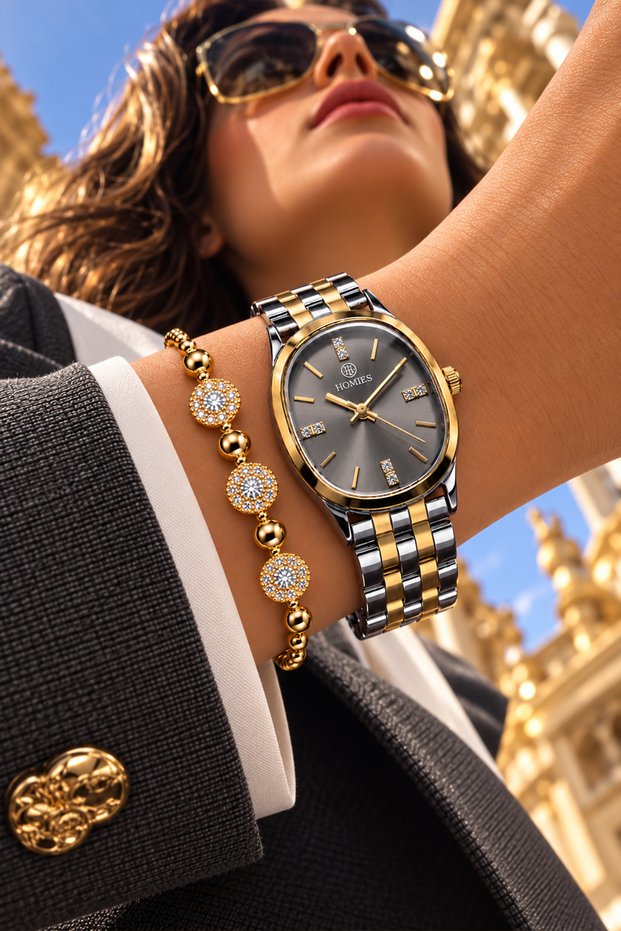 Oval Case Gold Silver Gray Women's Wristwatch - 3Atm Water Resistant Steel Band Japanese Movement Gift Special Box Ghmb3020C4