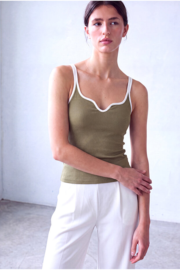 Women's Khaki Cotton Camisole with Straps, Heart Neckline, Sleeveless, Contrast Piping Undershirt Riona