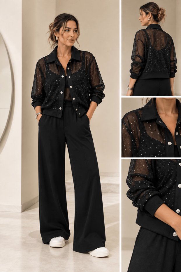 Women's Black Tracksuit Set with Stoned Tulle Jacket