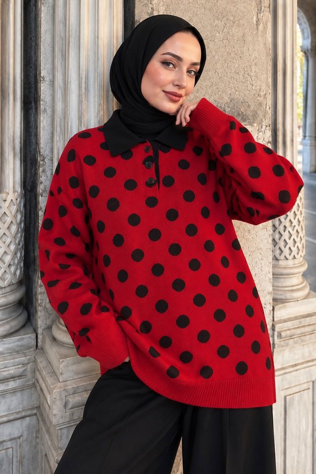 Buttoned Polka Dot Sweater Tsd260318 Red