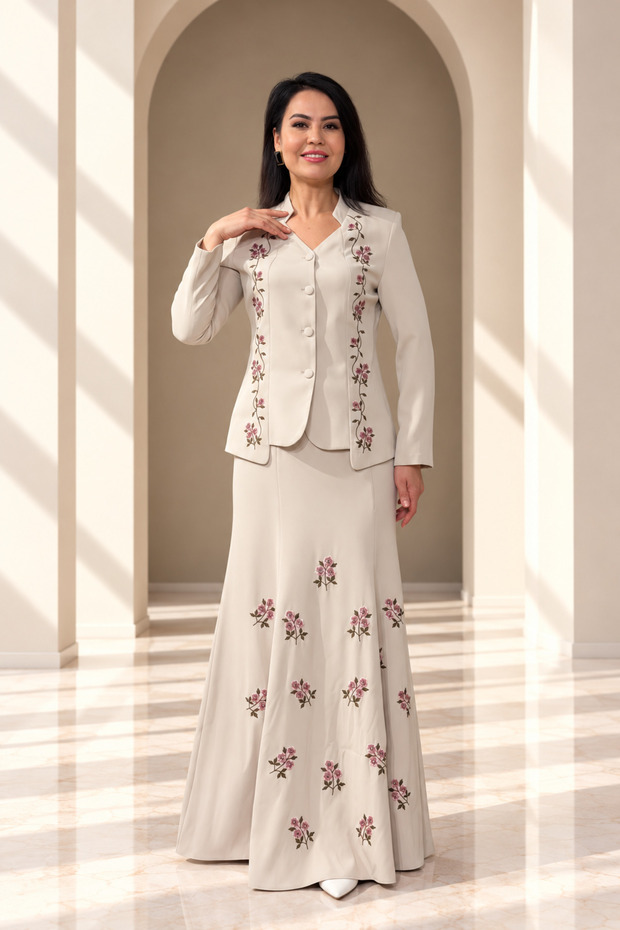 Women's Floral Embroidered Stand Collar Jacket Skirt Two-Piece Set – Lined, Beaded, Long Skirt Special Occasion Set