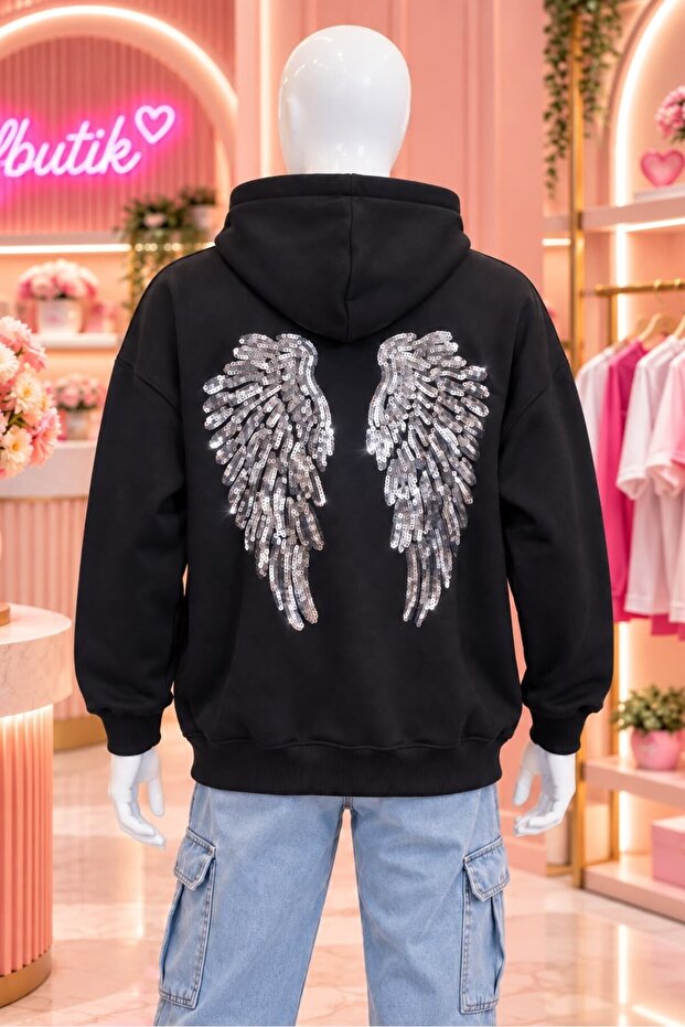 Black Unisex Sequin Wing Patterned Oversize Hooded Sweatshirt