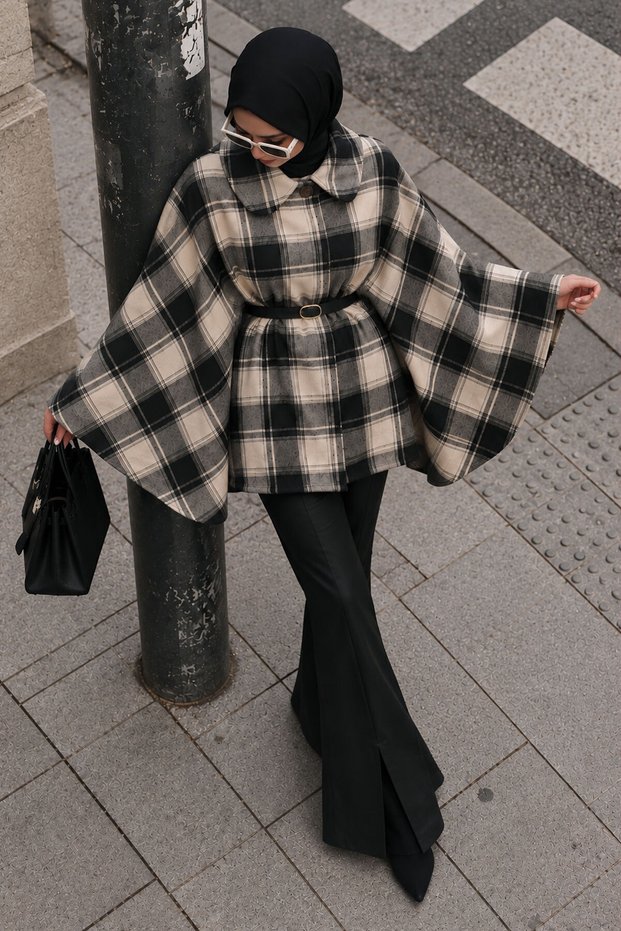Belted Plaid Poncho Tsd260294 Black