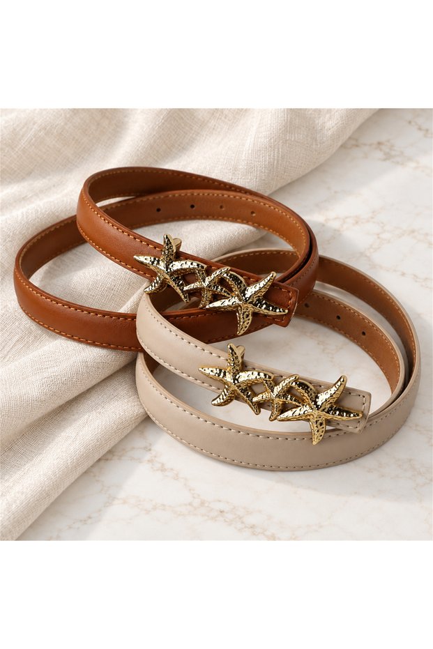 2 Pieces Genuine Leather Women's Belts with Star Buckle