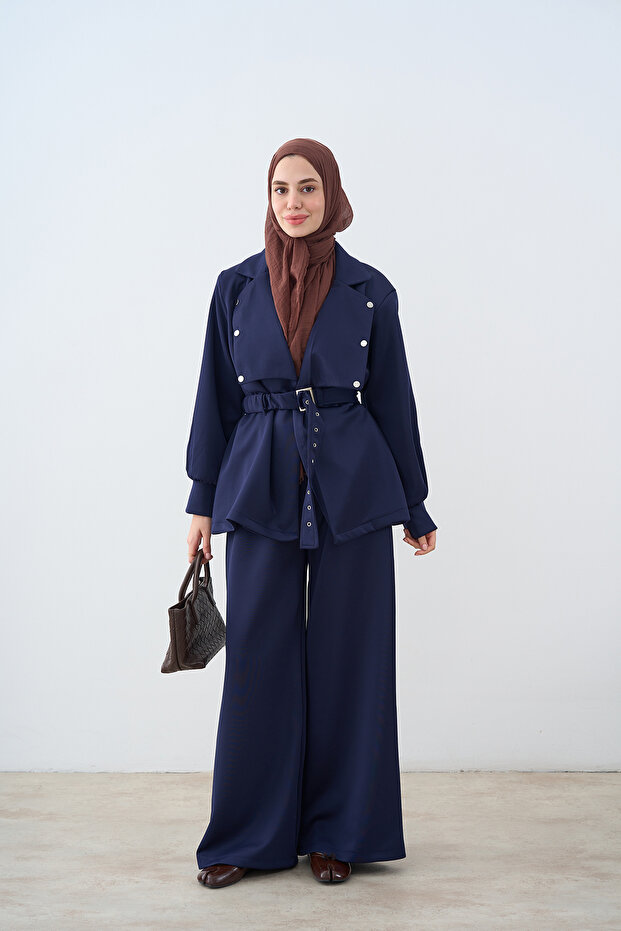 Women's Shoulder Padded Suit with Snap Detail and Belted Waist, Navy Blue