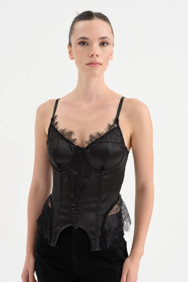 Women's Satin Fabric Corset with Lace Detail on the Chest