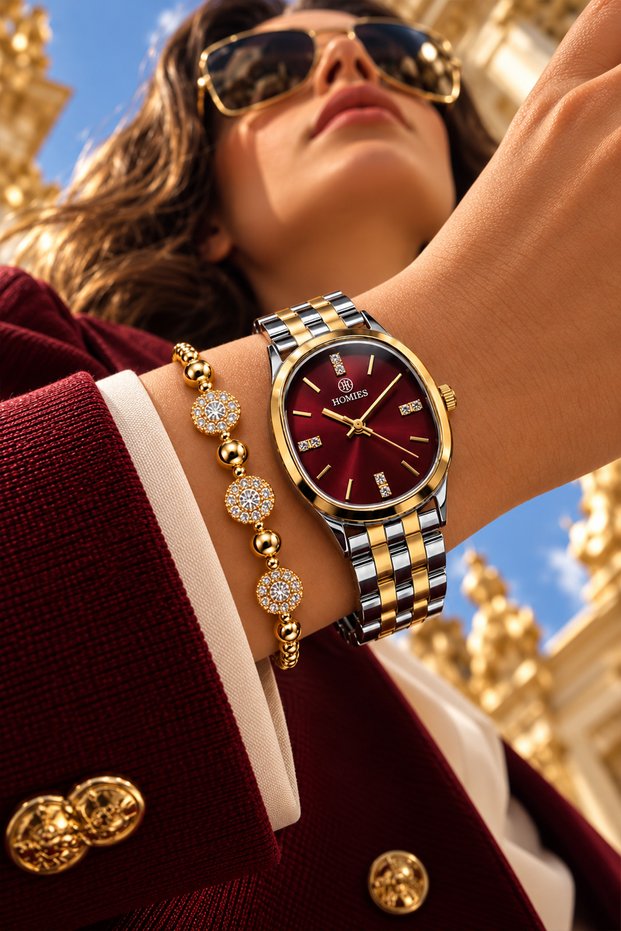 Oval Case Gold Silver Claret Red Women's Wristwatch - 3Atm Water Resistant Steel Band Japanese Movement Gift Special Box Ghmb3020C3