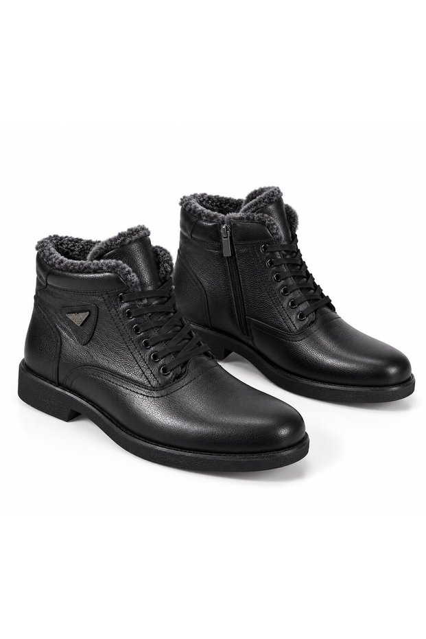 Taşpınar 100% Genuine Leather Men's Daily Winter Rubber Non-Slip Sole Comfortable Classic Fur Zippered Boots