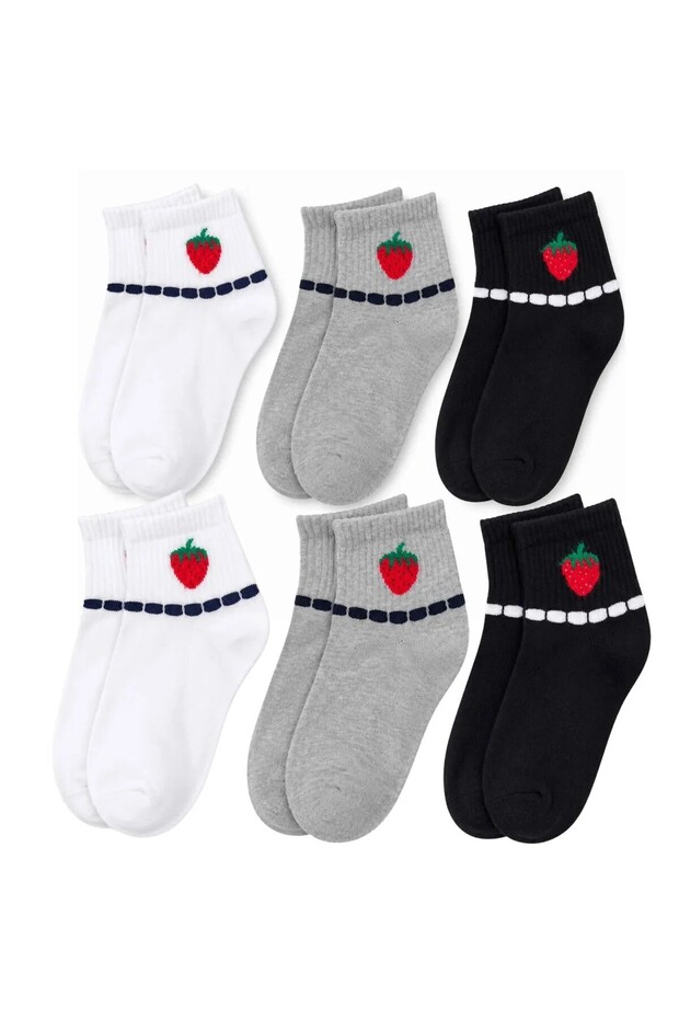 Night Women's Strawberry Patterned Short Socks, Pack of 6 | 80% Cotton Seamless, Black White Gray