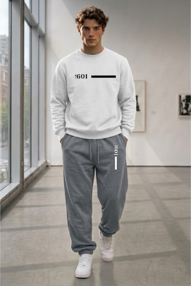 Men's White No601 Printed Crew Neck 3 Thread Nardo Tracksuit Set