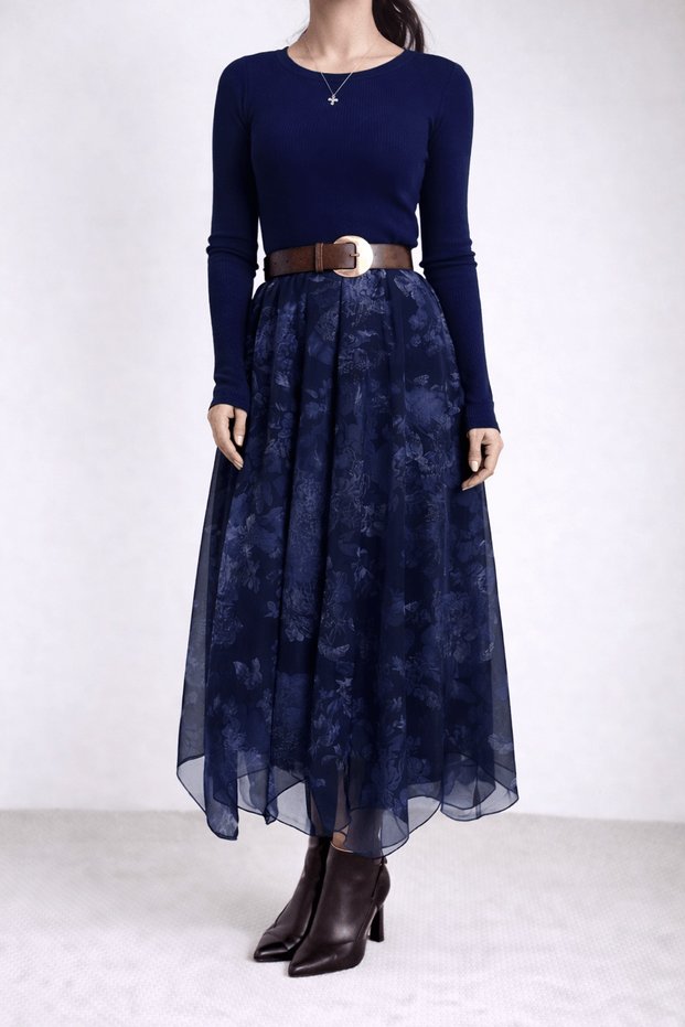 Flowers Printed Asymmetrical Chiffon Skirt - Ld - Black & Navy Blue