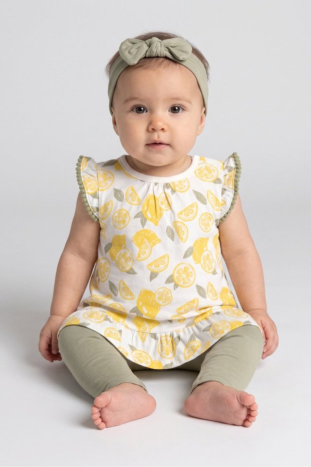 Toddlers Girl 3 Pcs Graphic Print Dress And Bottom With Headband Set, Multicolor