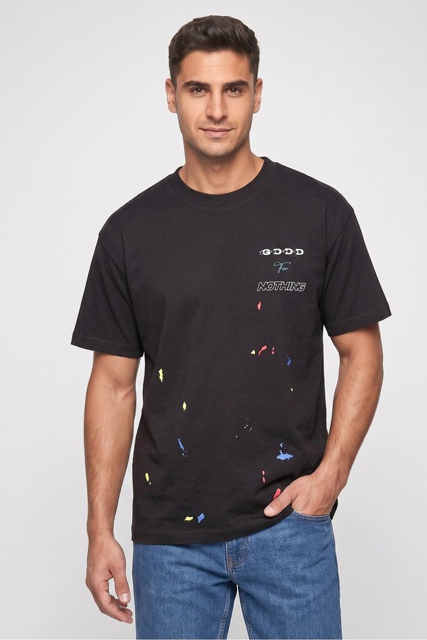Men Crew Neck Short Sleeve Graphic Print T-Shirt, Black