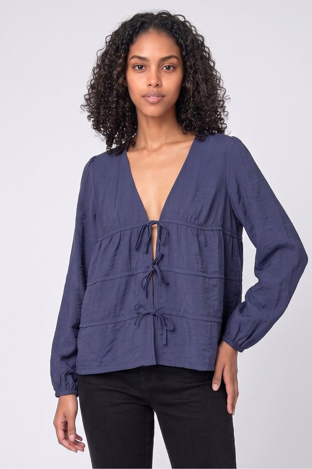 Women V Neck Long Sleeve Plain Blouses, Navy