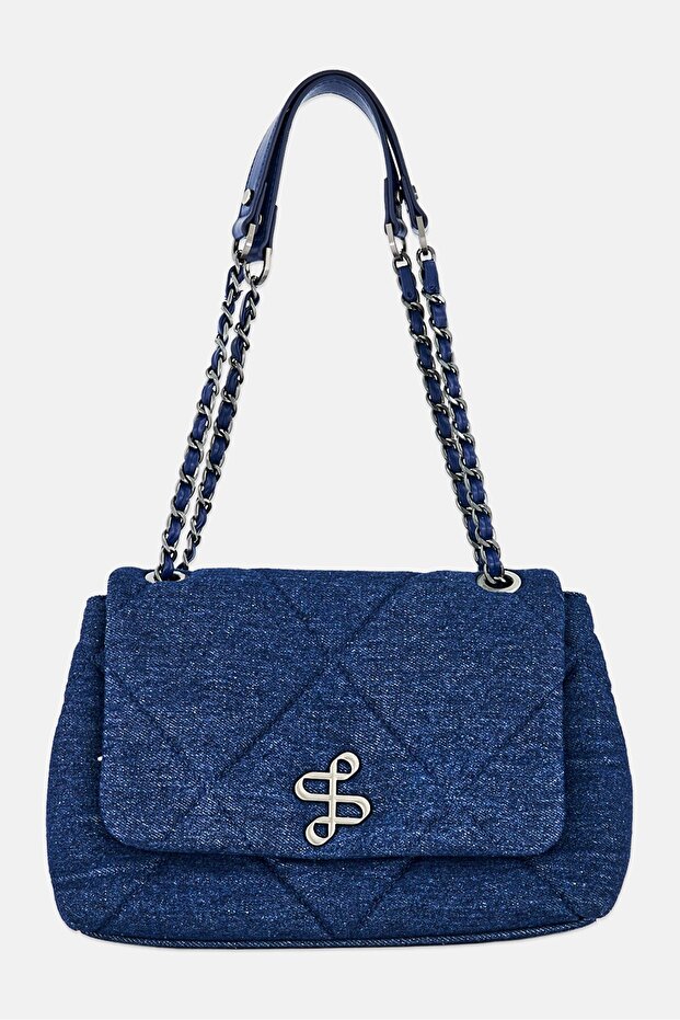 Women Brand Logo Shoulder Bag, Navy Blue