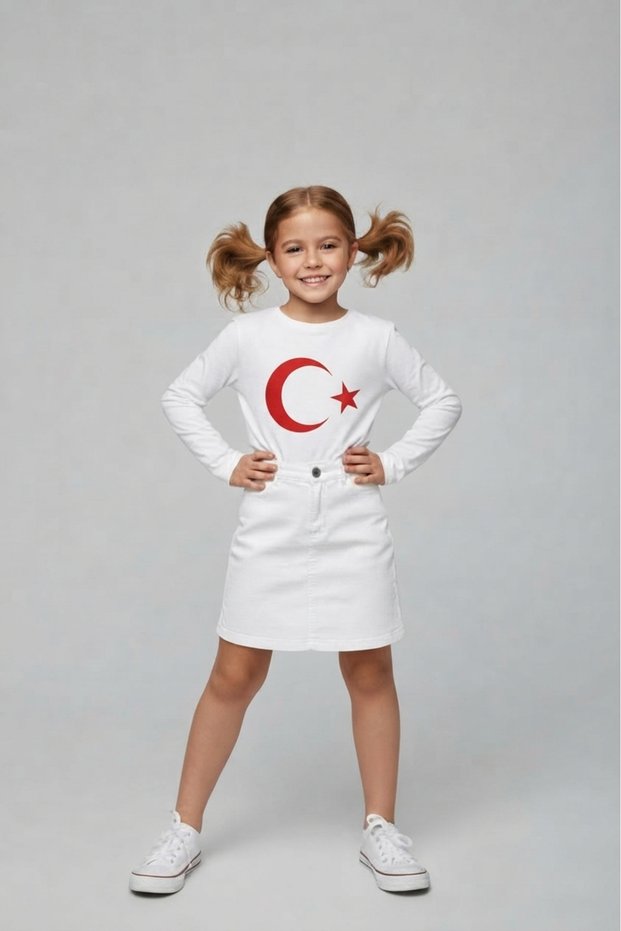 Girl's Moon Star Flag Printed Long Sleeve T-Shirt and Linen Skirt Set 23 April 29 October -Special Holidays