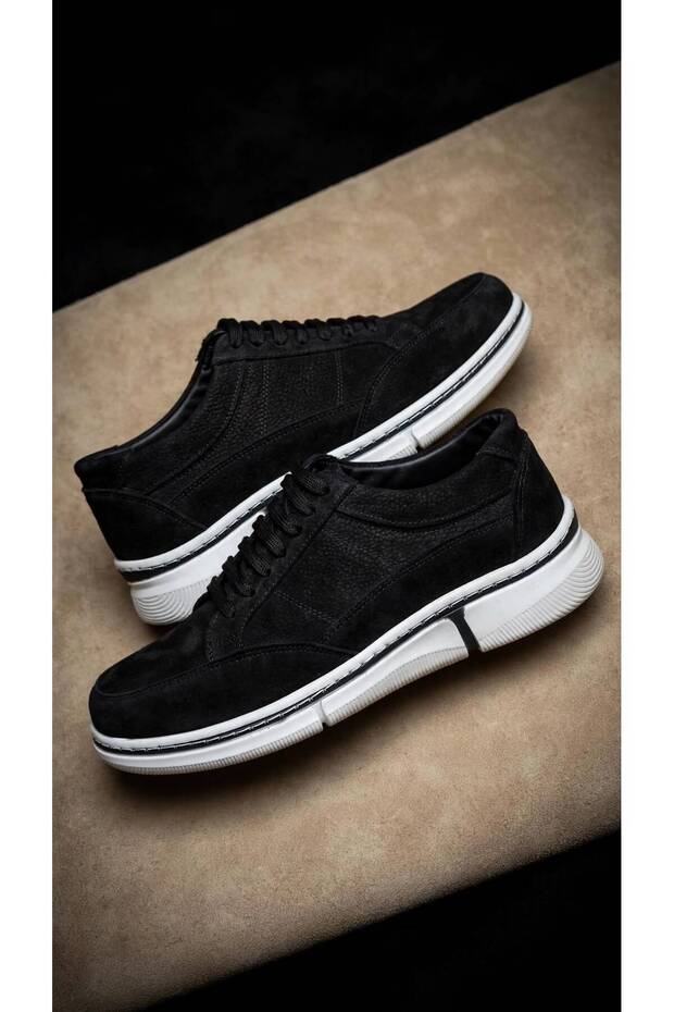 Men's Black Diagonal Stitched Rubber -Flat Lace-Up Casual Daily Shoes -Black and Cream Sole Comfort Model