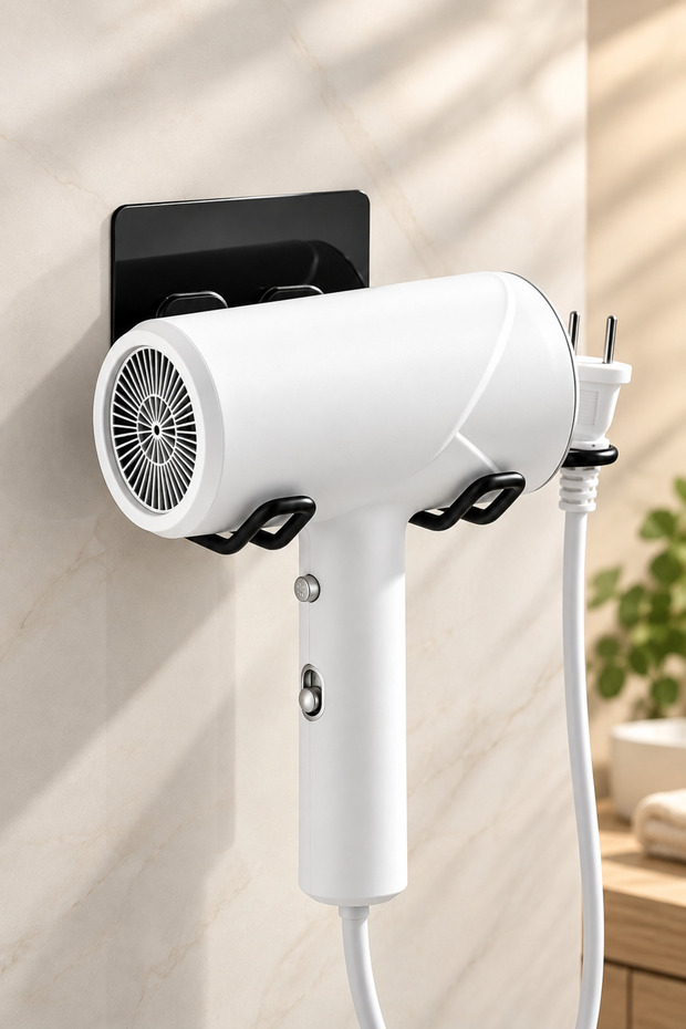 Black Adhesive Hair Dryer Hanger and Socket Hanger – Metal Hair Dryer Holder, Wall Mounted Practical Bathroom Organizer, 12X7 cm