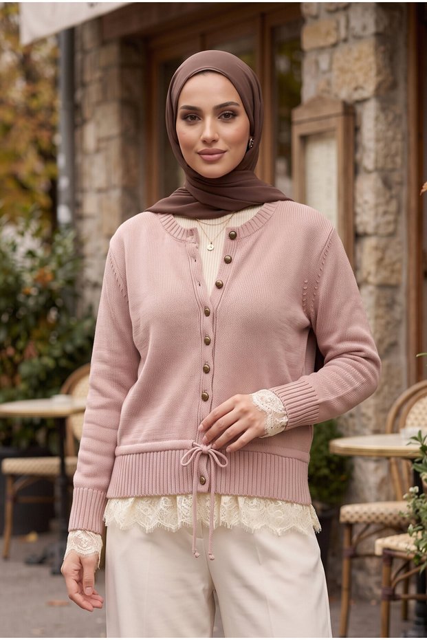 Lace Detailed Buttoned Knitwear Cardigan Powder