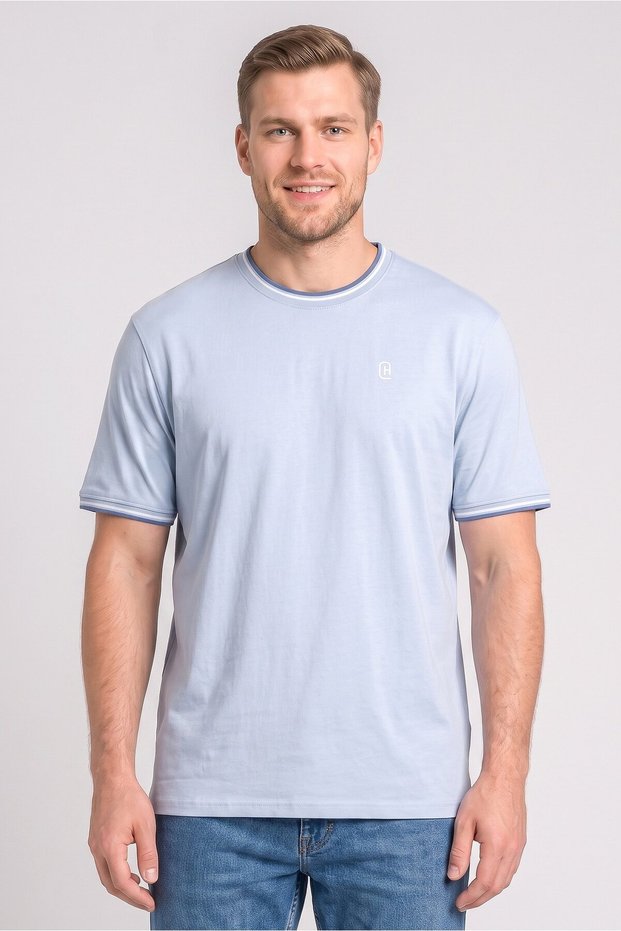 Men Crew Neck Short Sleeve Embroidered Logo T-Shirt, Light Blue
