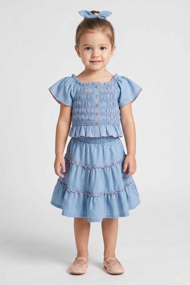 Toddlers Girl 2 Pcs Ruched Top And Skirts With Scrunchies Set, Washed Blue