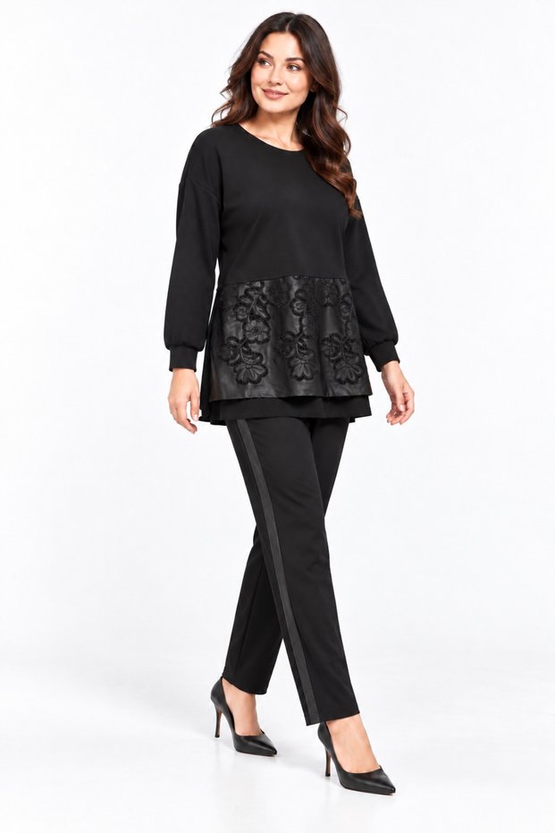 Laser Cut Leather Detailed Double Suit with Side Pockets