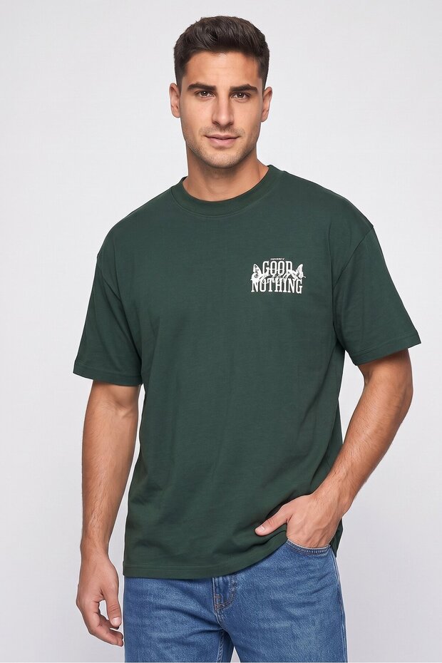 Men Crew Neck Short Sleeve Graphic Print T-Shirt, Dark Green