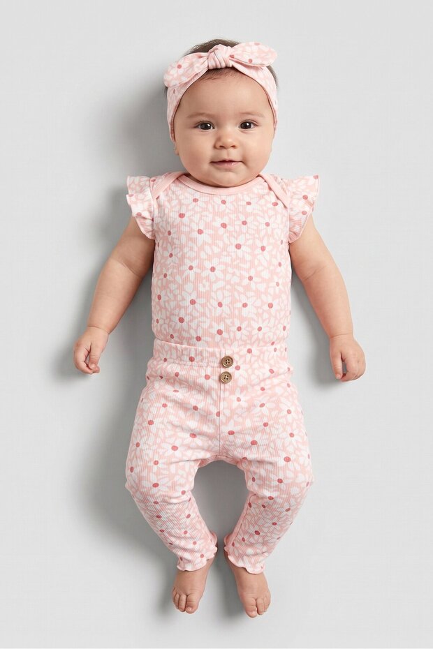 Toddlers Girl 3 Pcs Floral Print Bodysuit And Pants With Headband, Multicolor