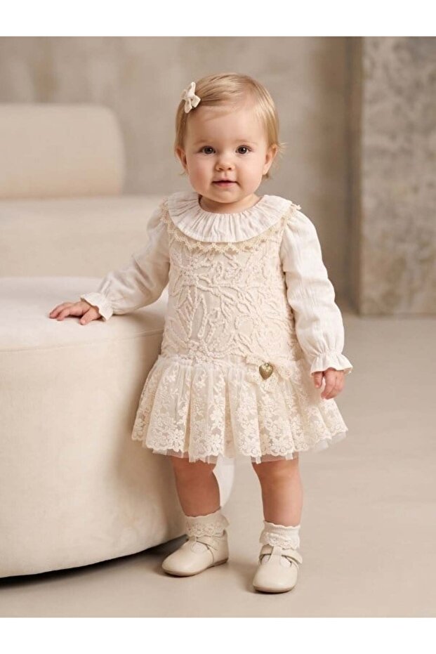 Baby Girl Tulle Detailed Ruffle Blouse and Lace Dress Set