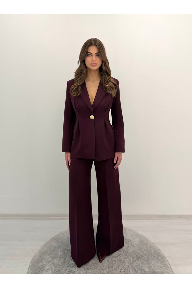 Valeria Women's Waist-Fitted Single-Button Blazer Jacket Wide-Leg Pants Plum Double Suit