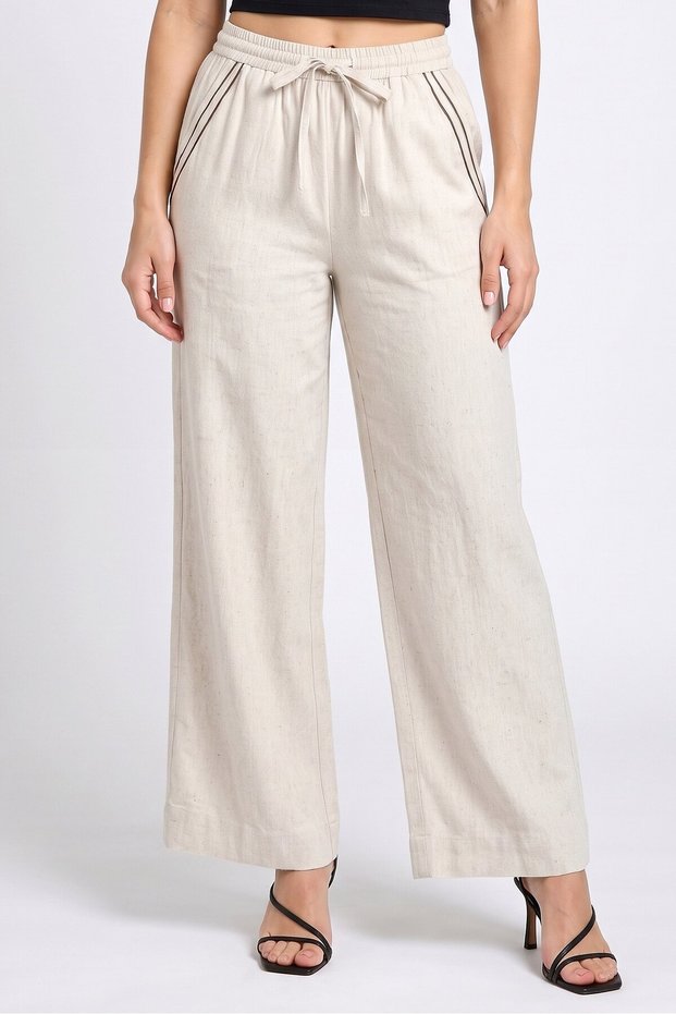 Women Regular Fit Heather Wide Leg Pants, Beige