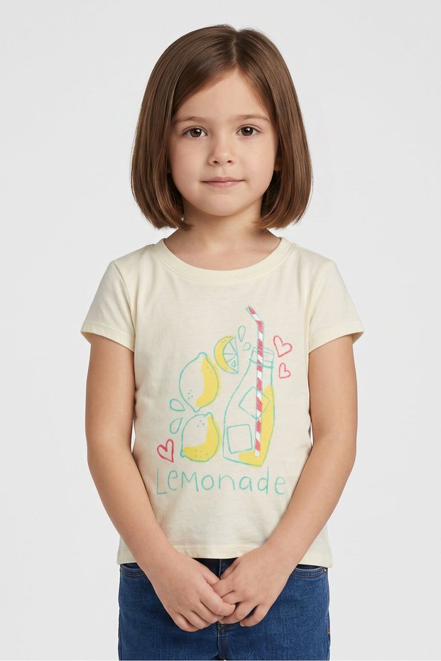 Kids Girl Crew Neck Short Sleeve Graphic Print T-Shirt, Light Lemon
