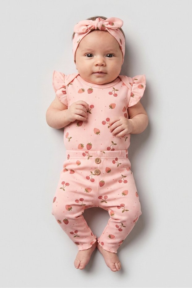 Toddlers Girl 3 Pieces Allover Print Romper And Bottoms With Headband Set, Peach