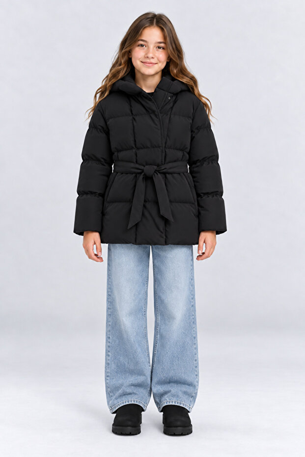 Girl's Hooded Belted Quilted Winter Coat Black Brown Beige Ak4300